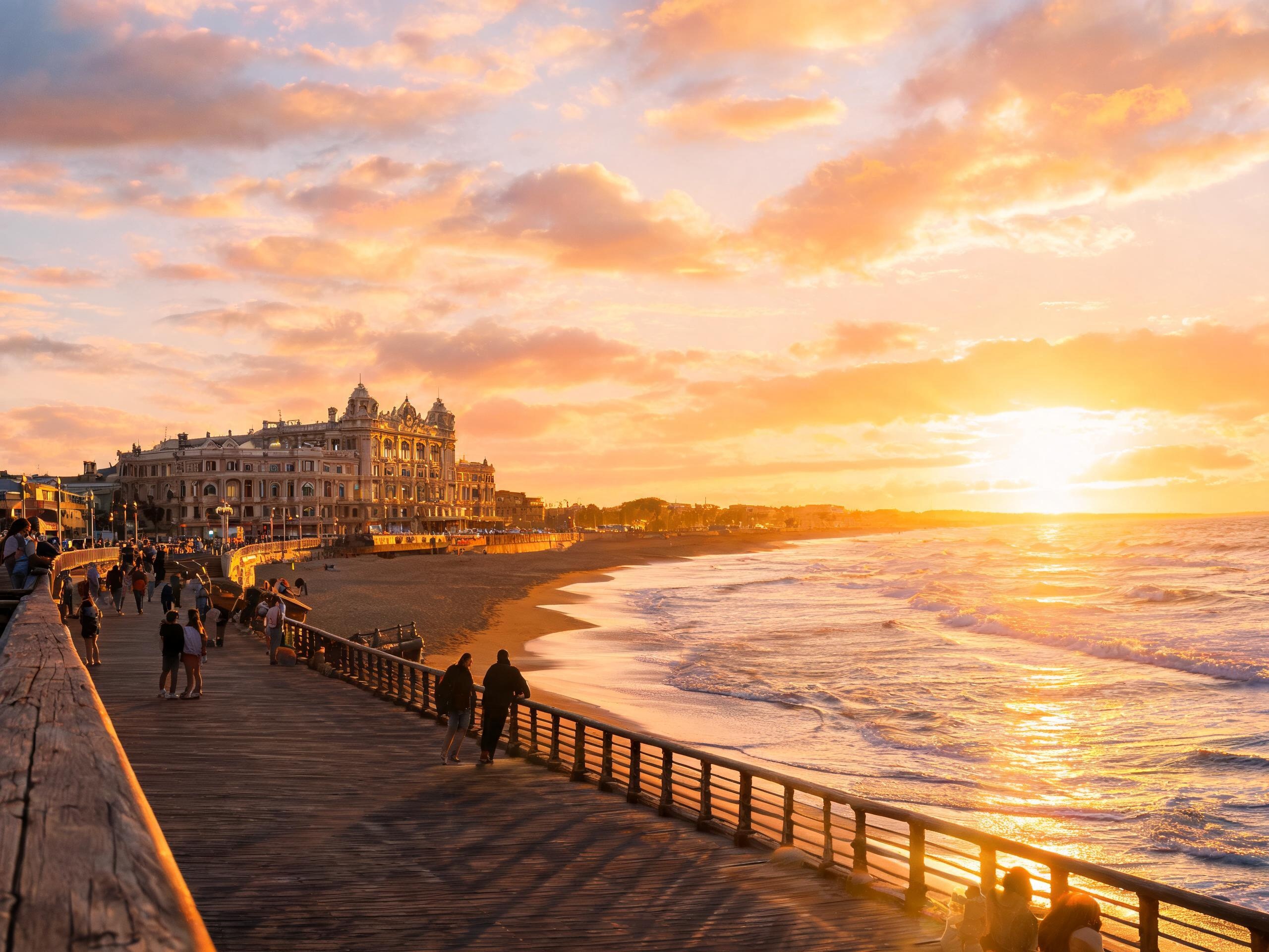 Costa atlántica argentina al atardecer, casino de Mar del Plata