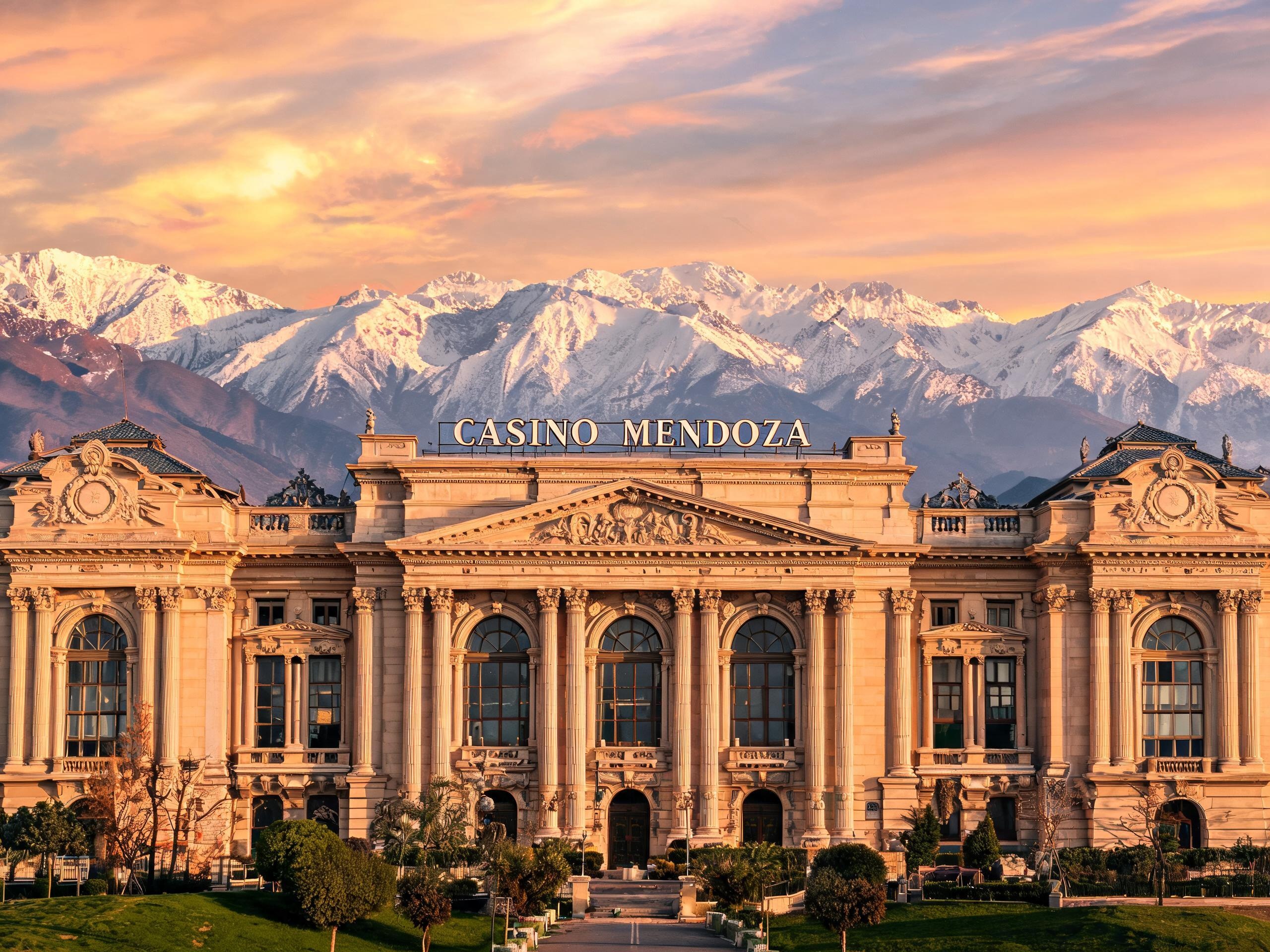 Casino de Mendoza con la Cordillera de los Andes al fondo