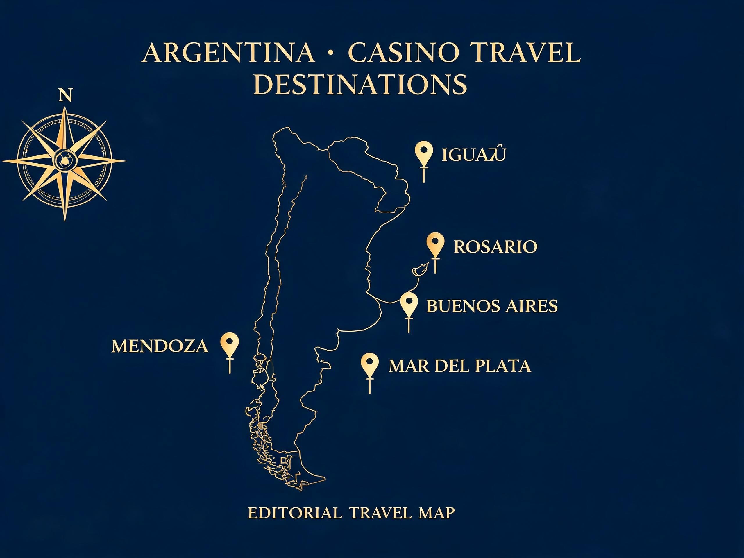 Mapa de Argentina con las principales ciudades con casinos: Buenos Aires, Mar del Plata, Mendoza, Rosario, Iguazú