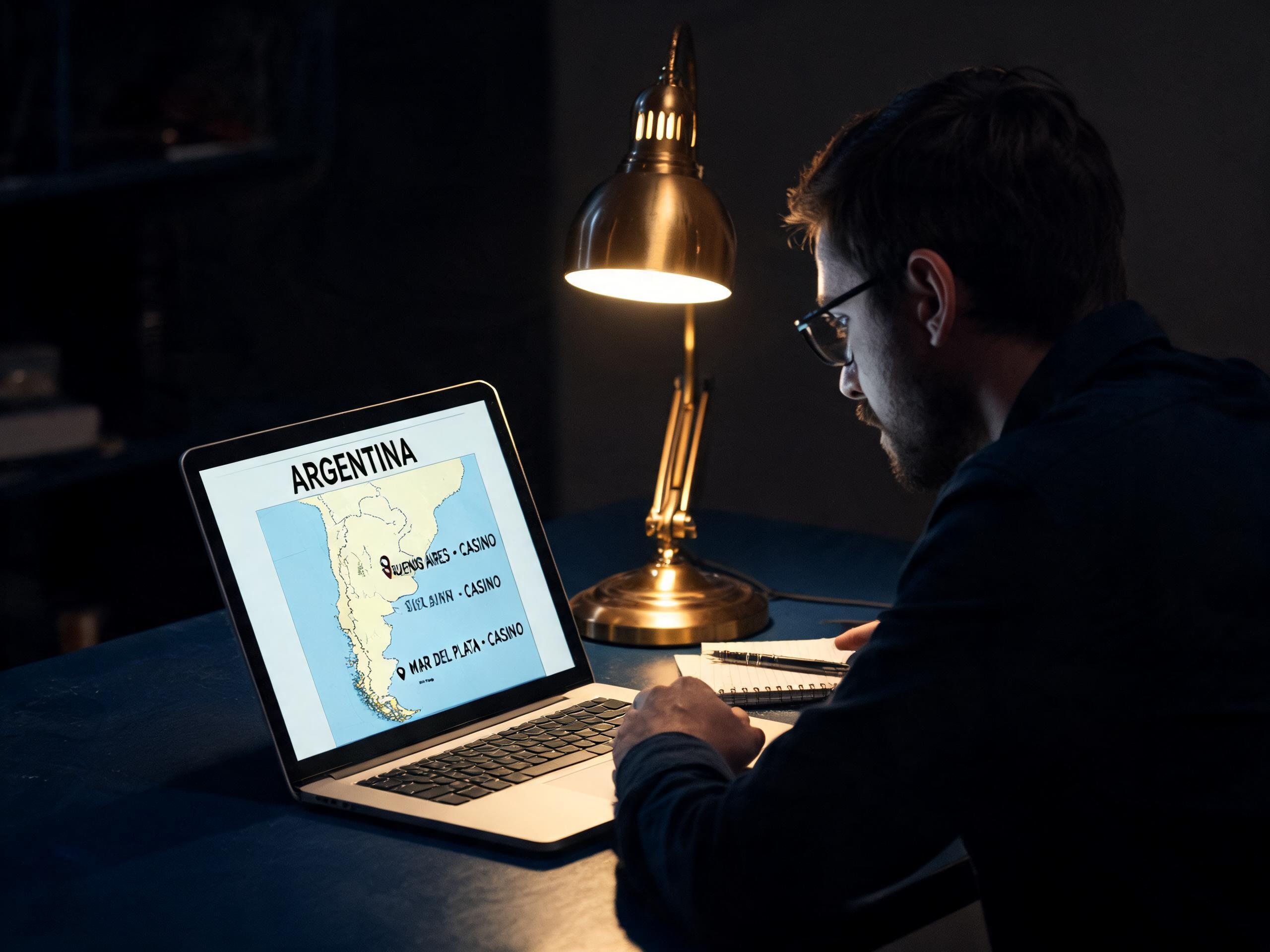 Persona investigando información sobre casinos en Argentina, proceso editorial de GamingInsiderPro